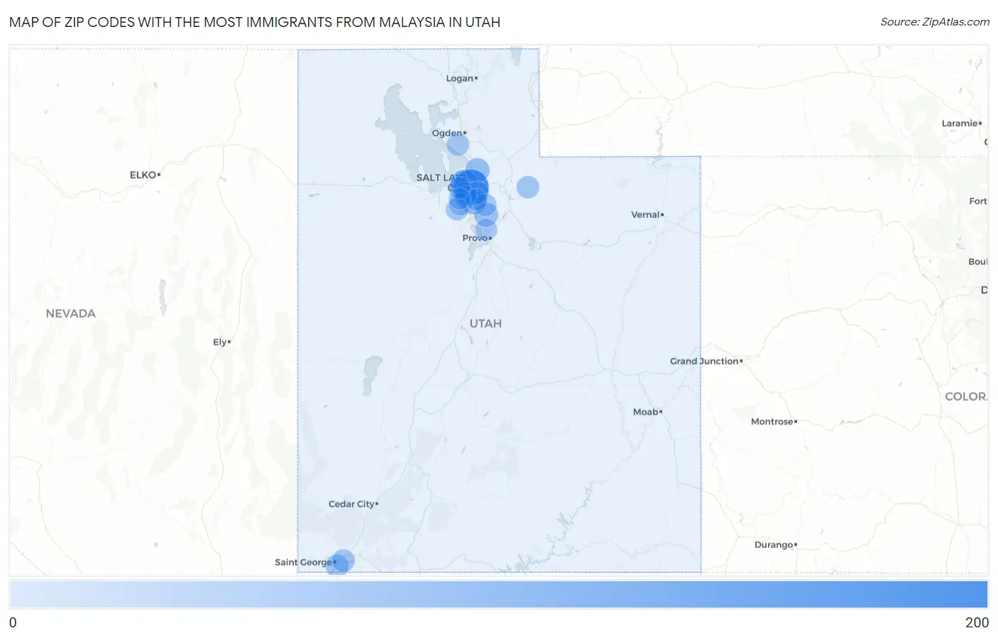 Zip Codes with the Most Immigrants from Malaysia in Utah Map