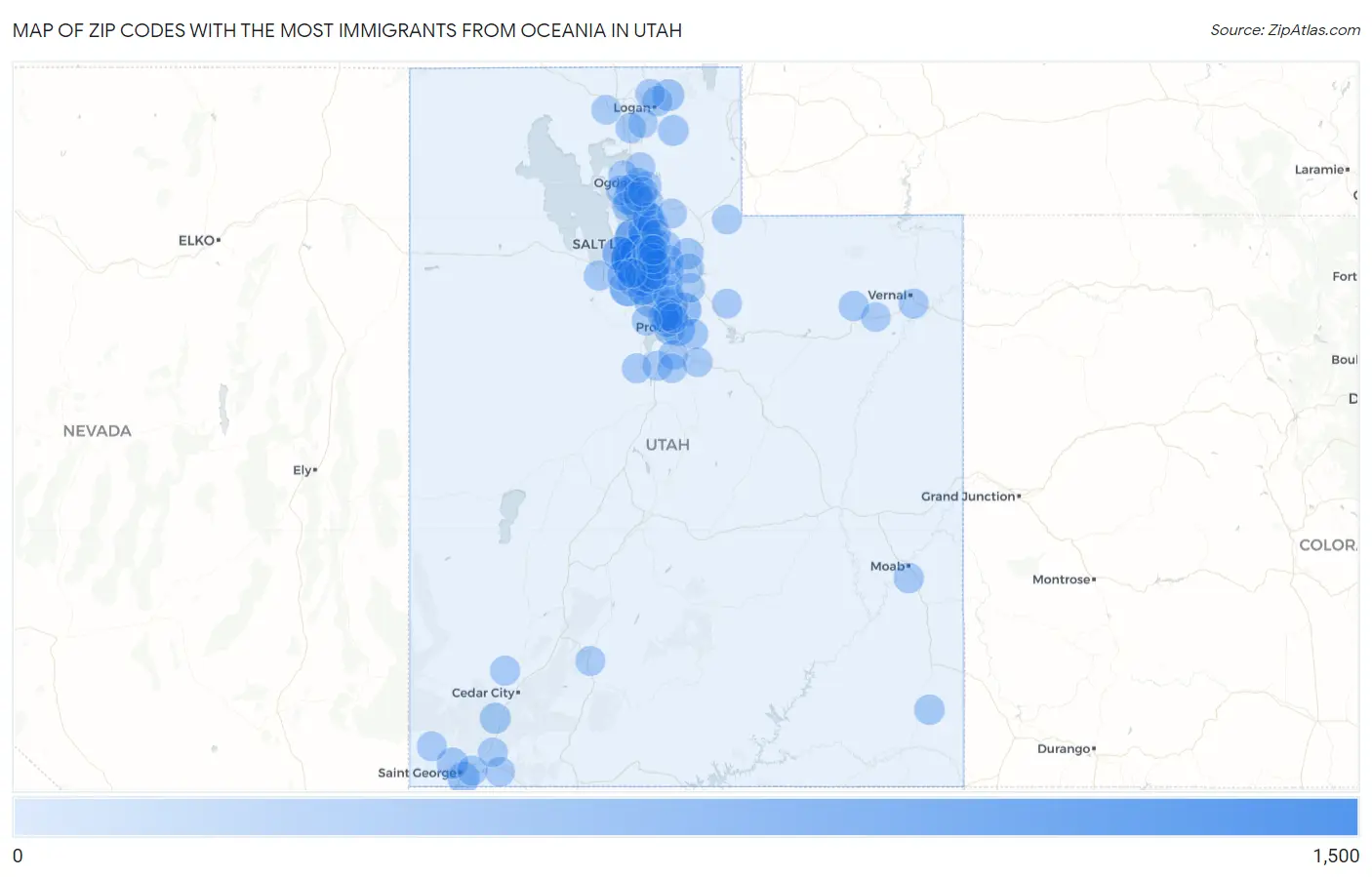 Zip Codes with the Most Immigrants from Oceania in Utah Map