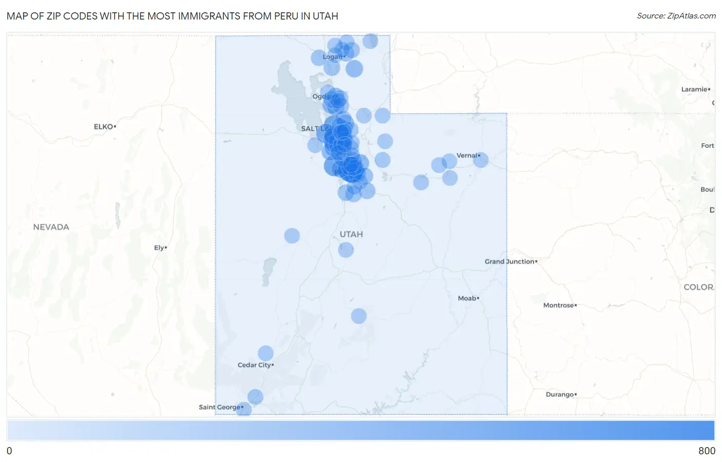 Zip Codes with the Most Immigrants from Peru in Utah Map
