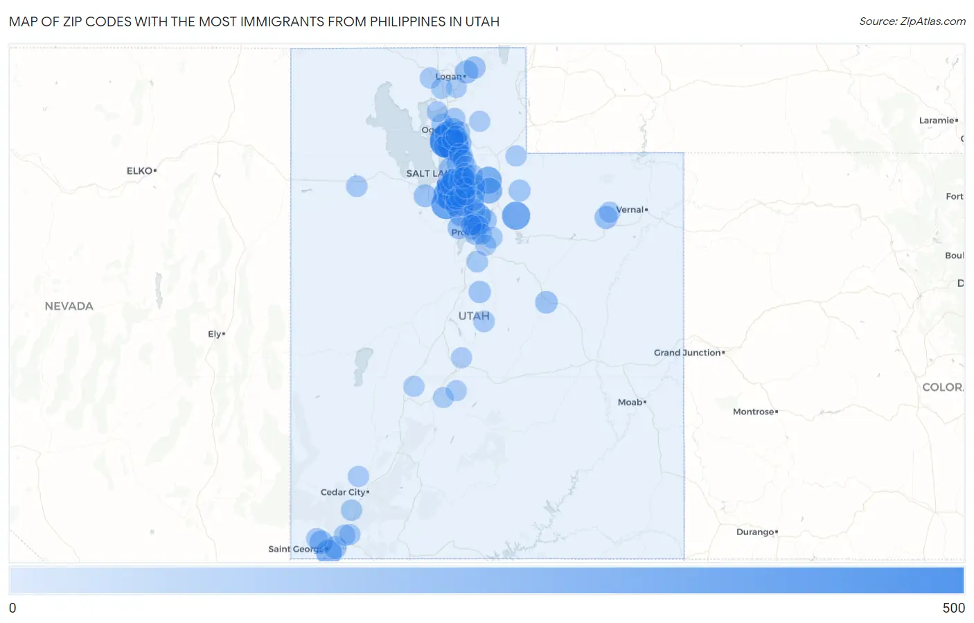 Zip Codes with the Most Immigrants from Philippines in Utah Map