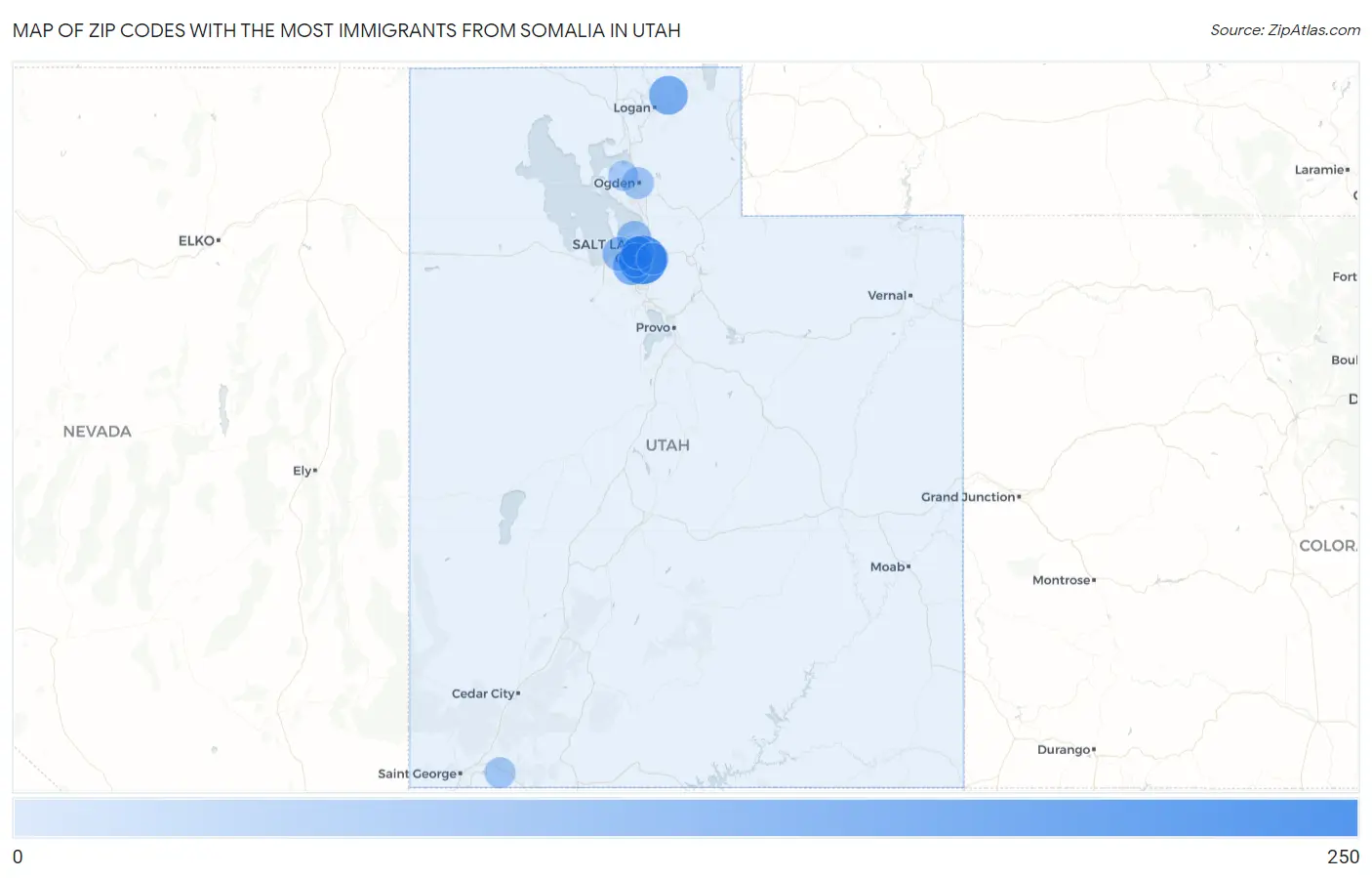 Zip Codes with the Most Immigrants from Somalia in Utah Map