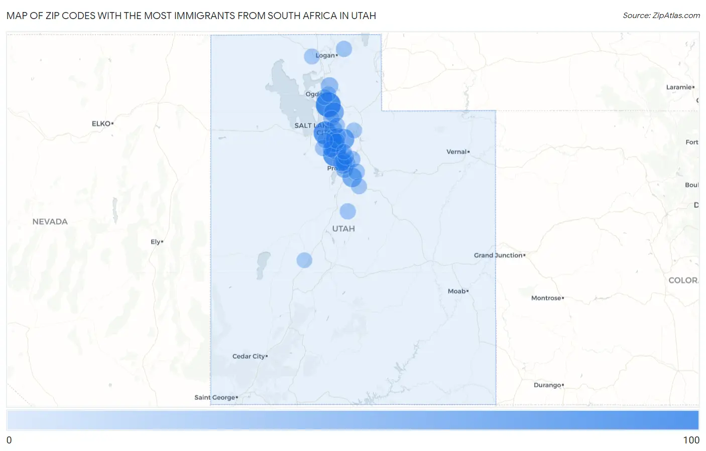 Zip Codes with the Most Immigrants from South Africa in Utah Map
