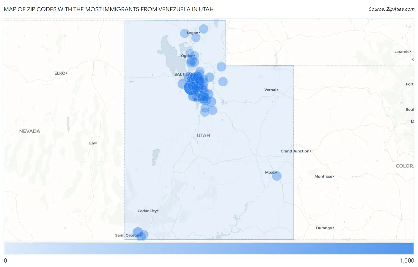 Zip Codes with the Most Immigrants from Venezuela in Utah Map