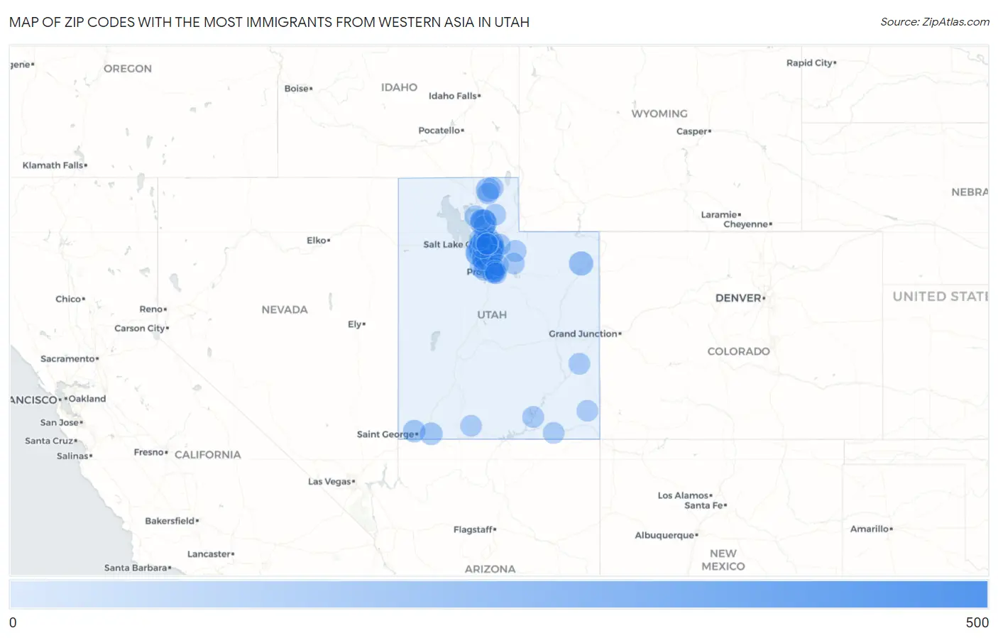 Zip Codes with the Most Immigrants from Western Asia in Utah Map