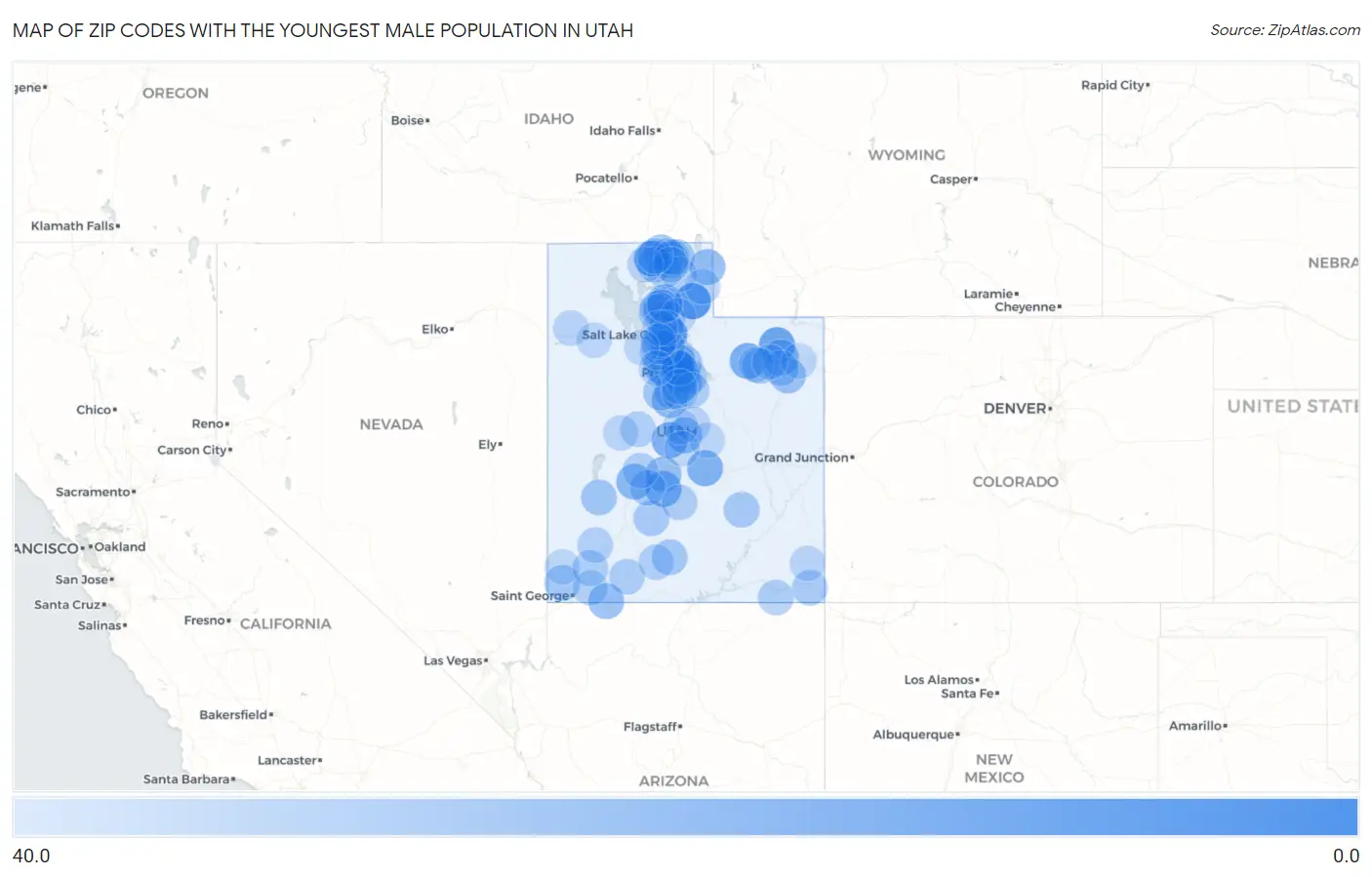 Zip Codes with the Youngest Male Population in Utah Map