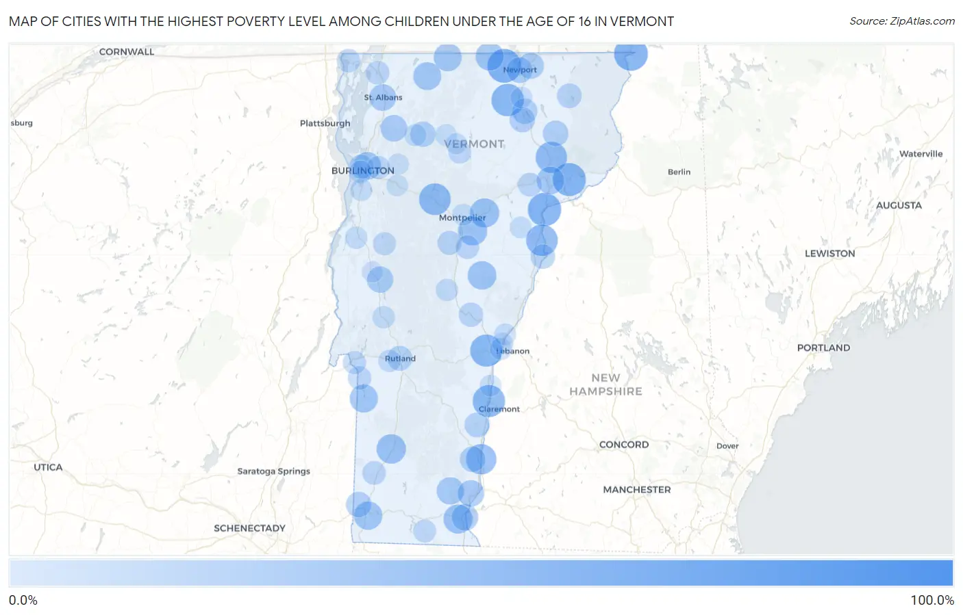 Cities with the Highest Poverty Level Among Children Under the Age of 16 in Vermont Map