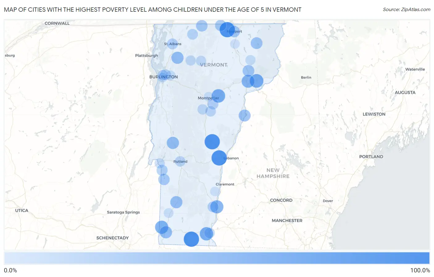 Cities with the Highest Poverty Level Among Children Under the Age of 5 in Vermont Map