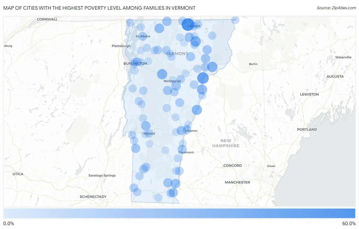 Cities with the Highest Poverty Level Among Families in Vermont Map