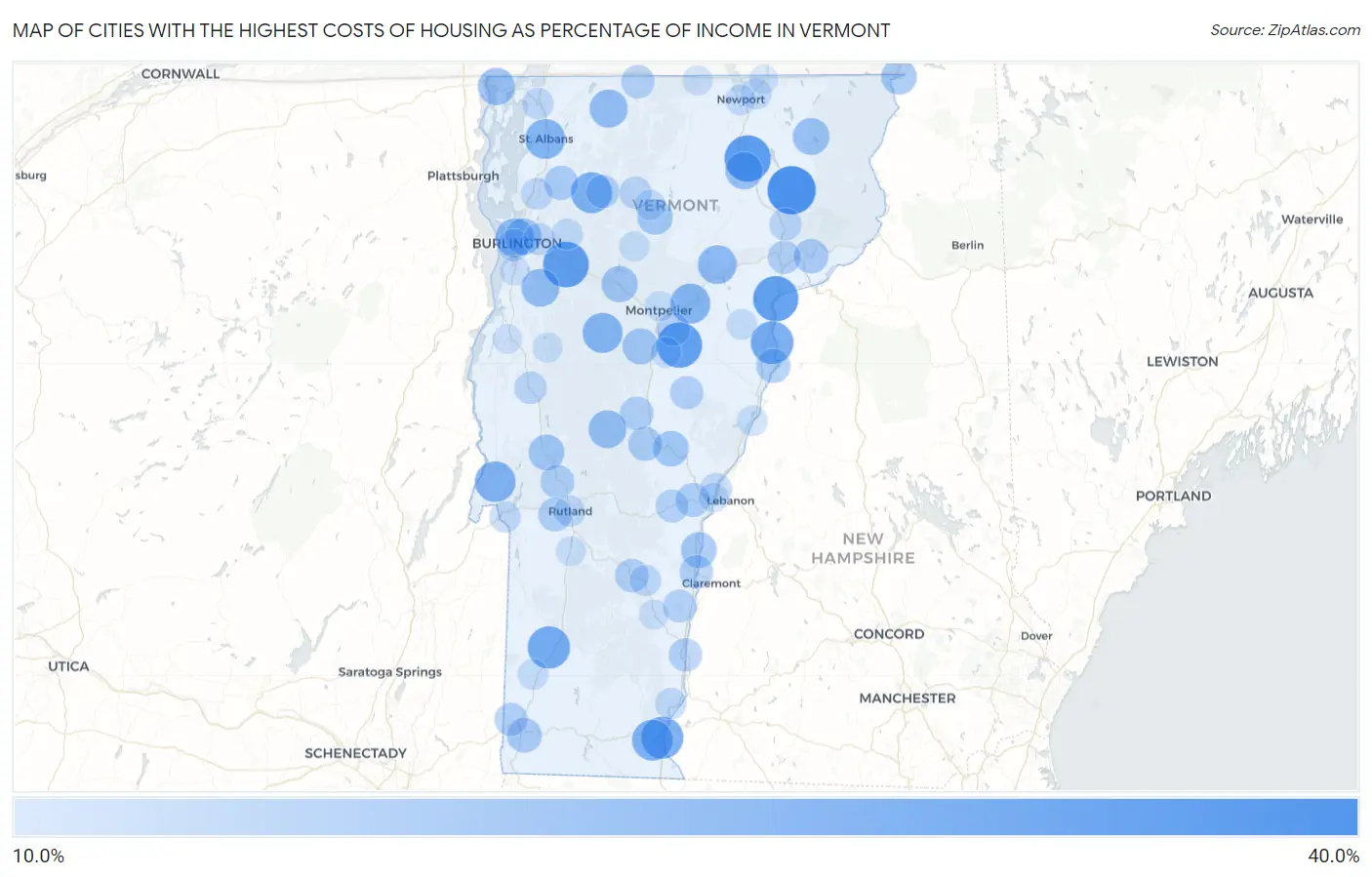 Cities with the Highest Costs of Housing as Percentage of Income in Vermont Map