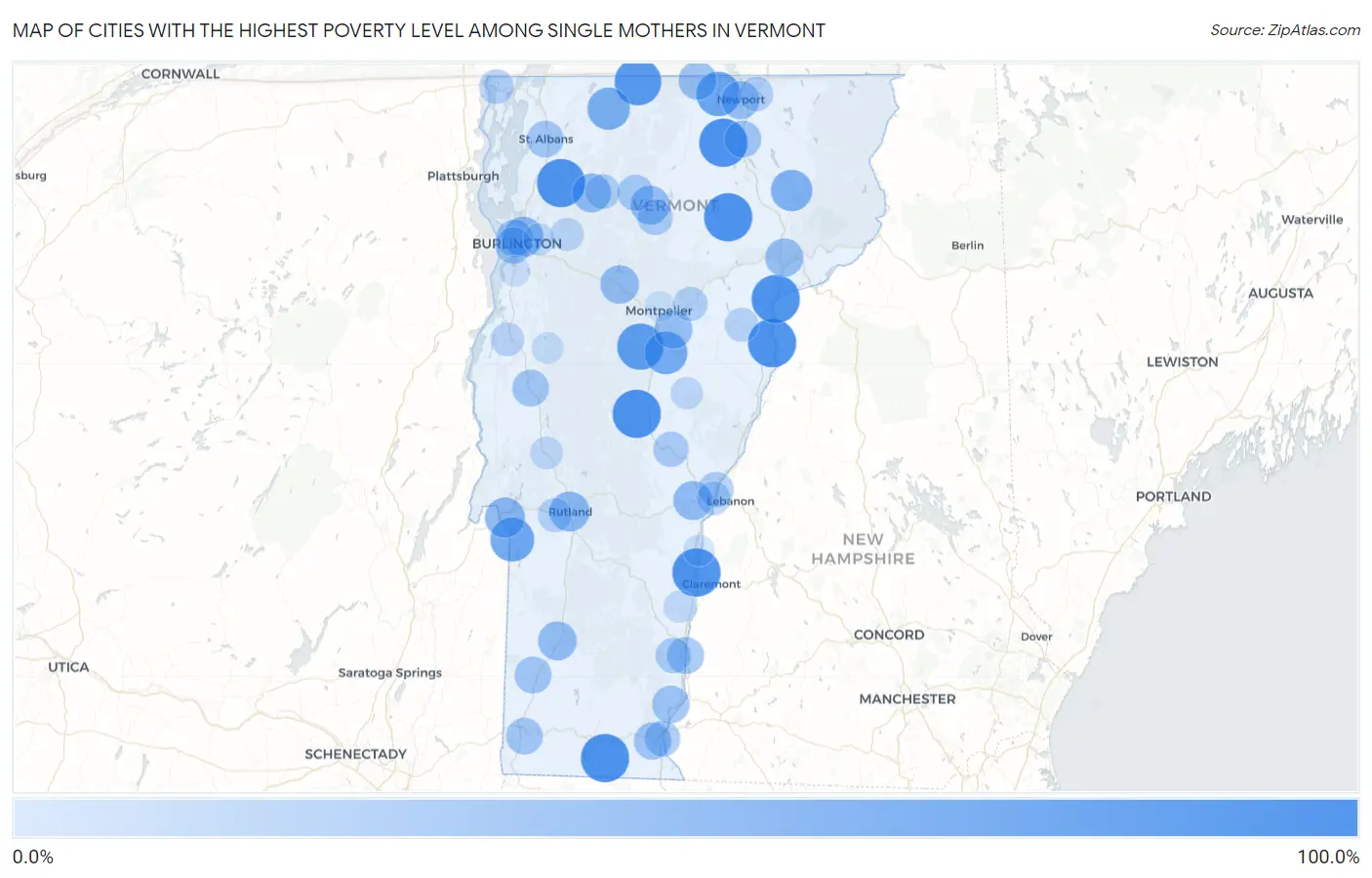 Cities with the Highest Poverty Level Among Single Mothers in Vermont Map