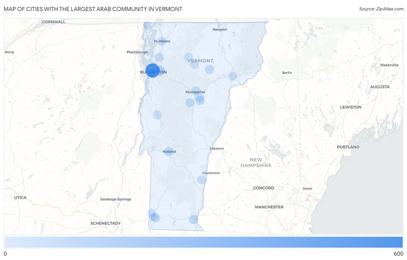 Cities with the Largest Arab Community in Vermont Map