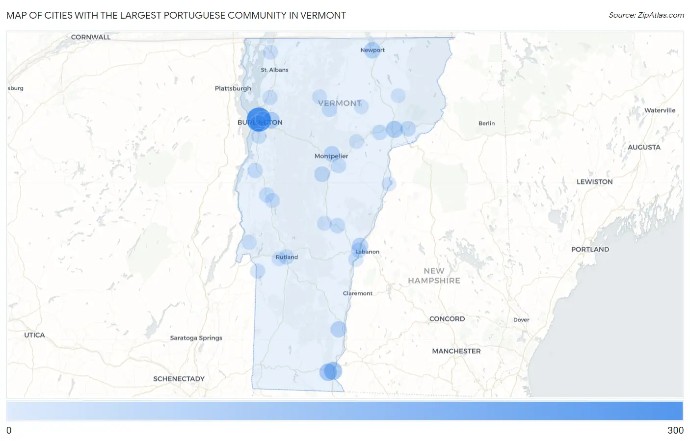 Cities with the Largest Portuguese Community in Vermont Map