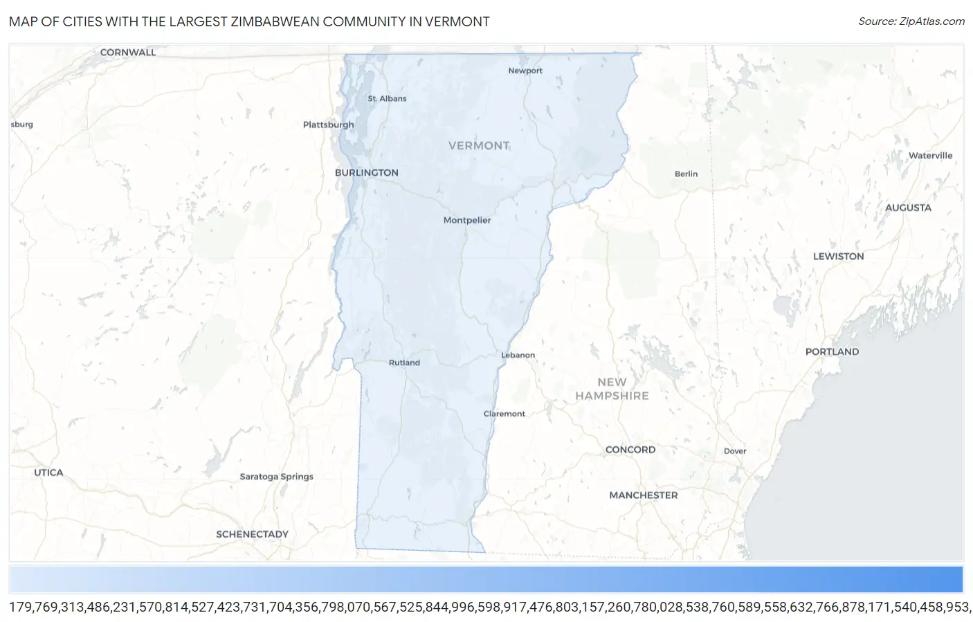 Cities with the Largest Zimbabwean Community in Vermont Map
