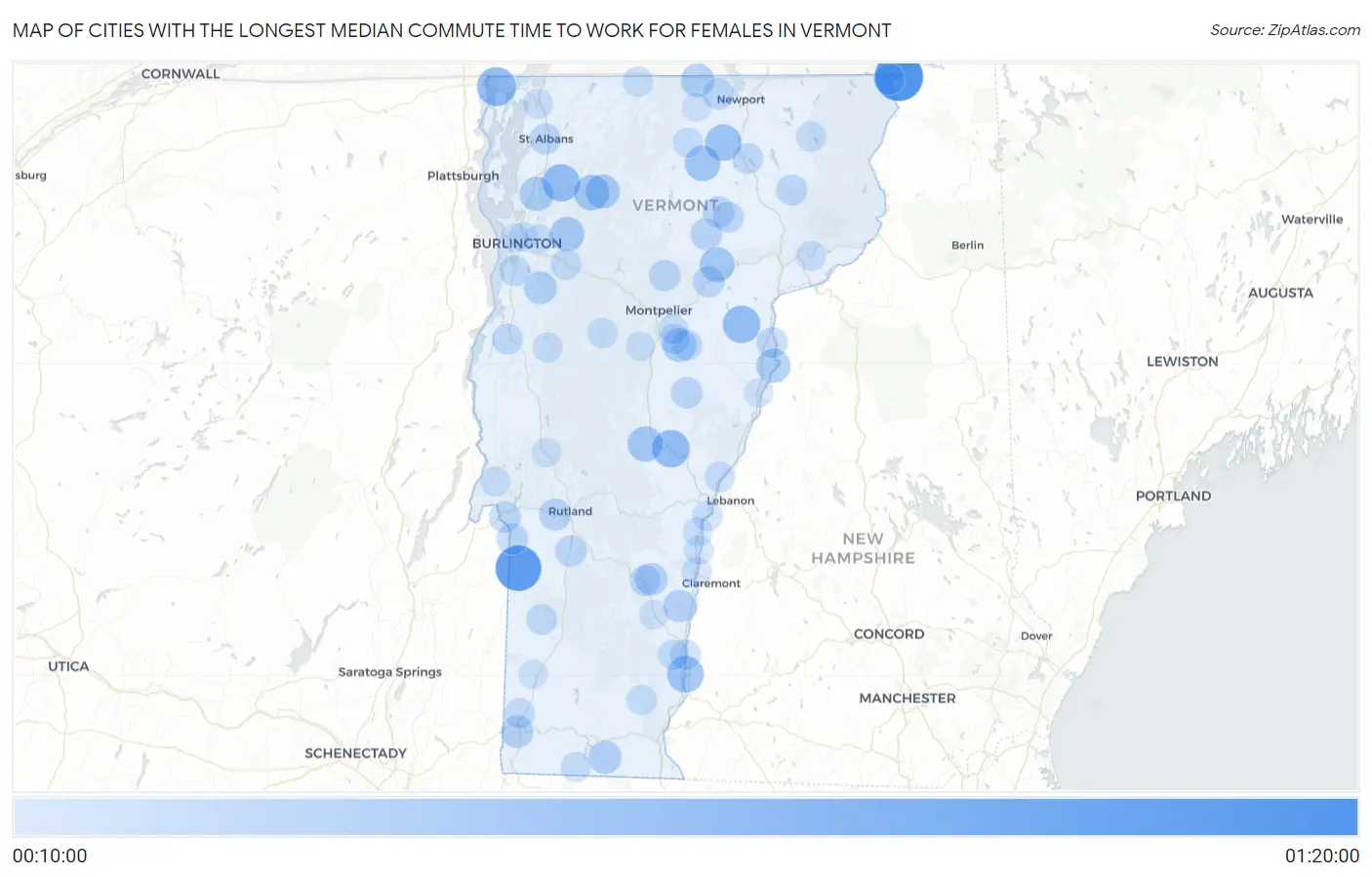 Cities with the Longest Median Commute Time to Work for Females in Vermont Map