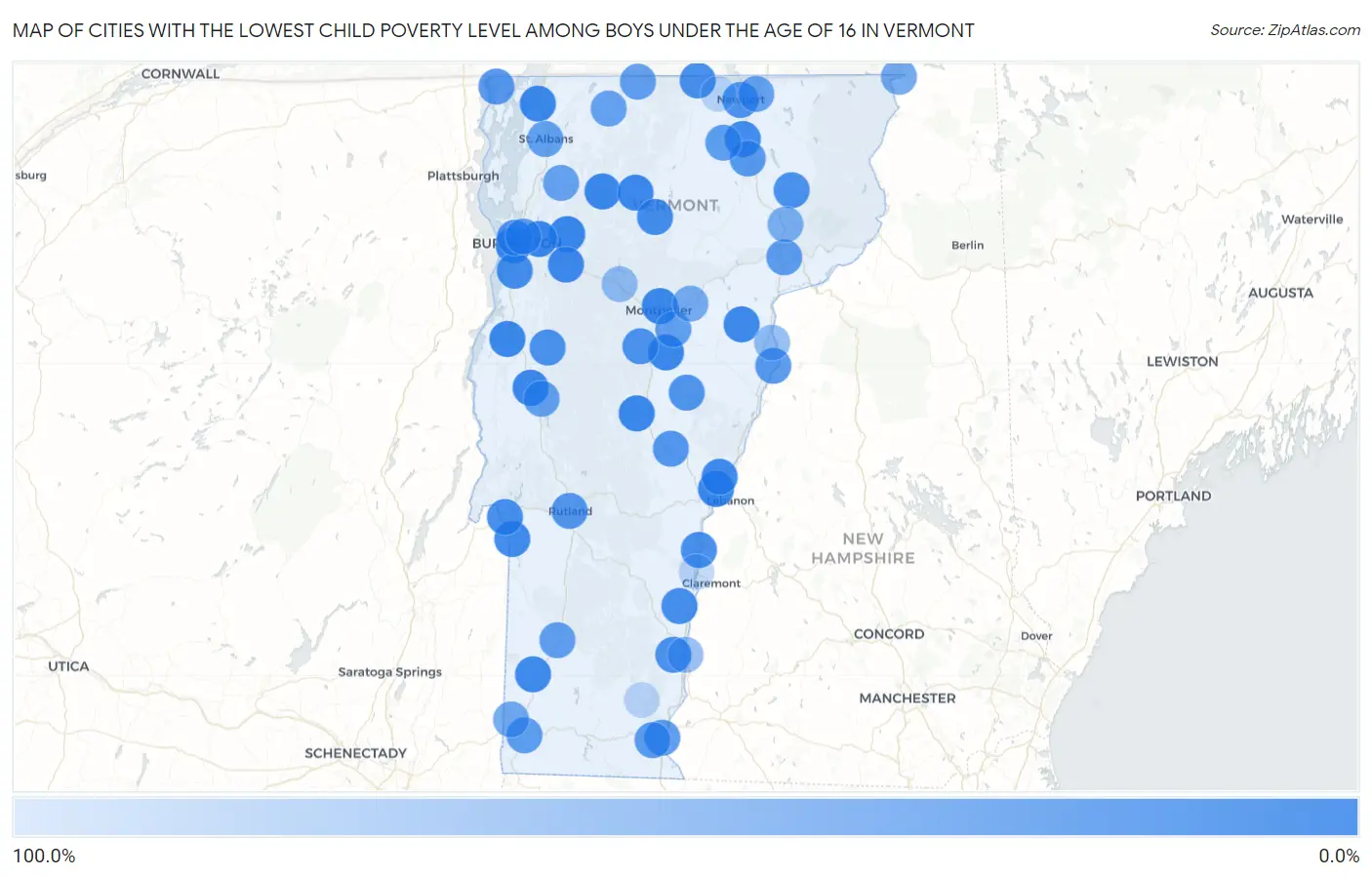 Cities with the Lowest Child Poverty Level Among Boys Under the Age of 16 in Vermont Map
