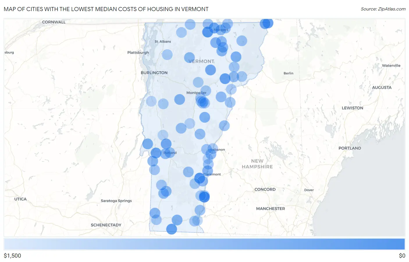 Cities with the Lowest Median Costs of Housing in Vermont Map