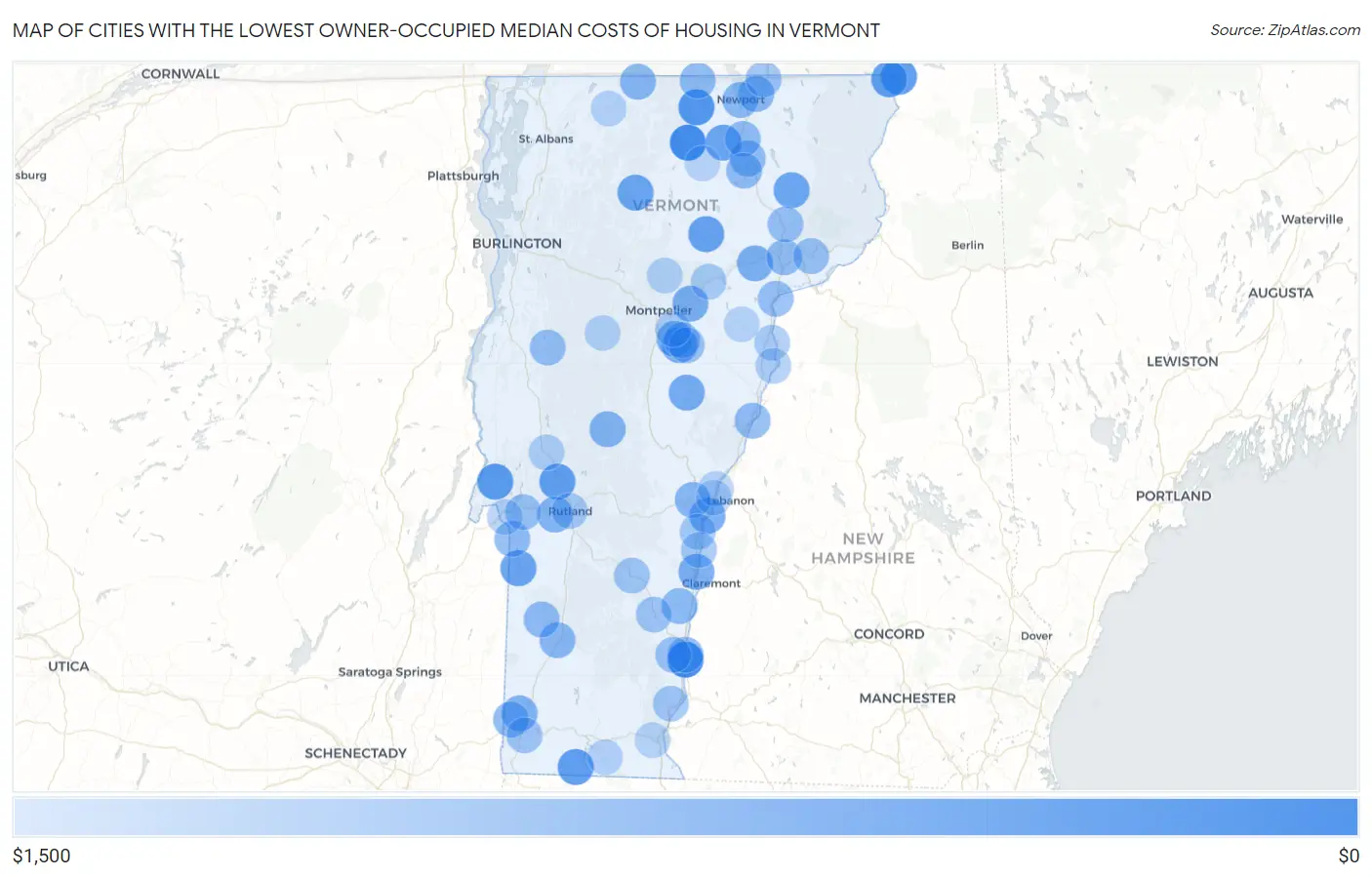 Cities with the Lowest Owner-Occupied Median Costs of Housing in Vermont Map