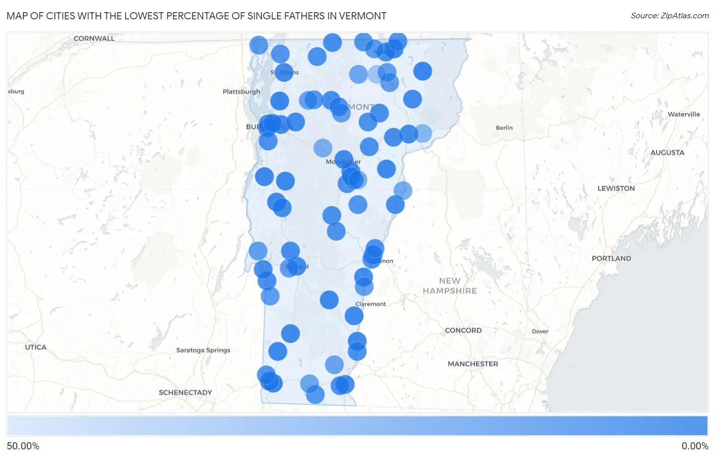 Cities with the Lowest Percentage of Single Fathers in Vermont Map