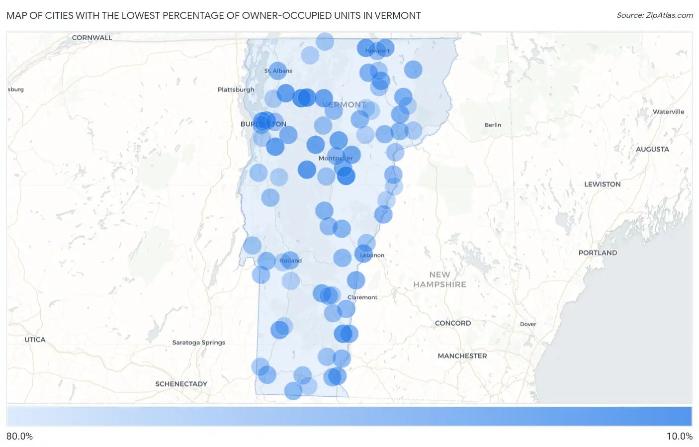 Cities with the Lowest Percentage of Owner-Occupied Units in Vermont Map