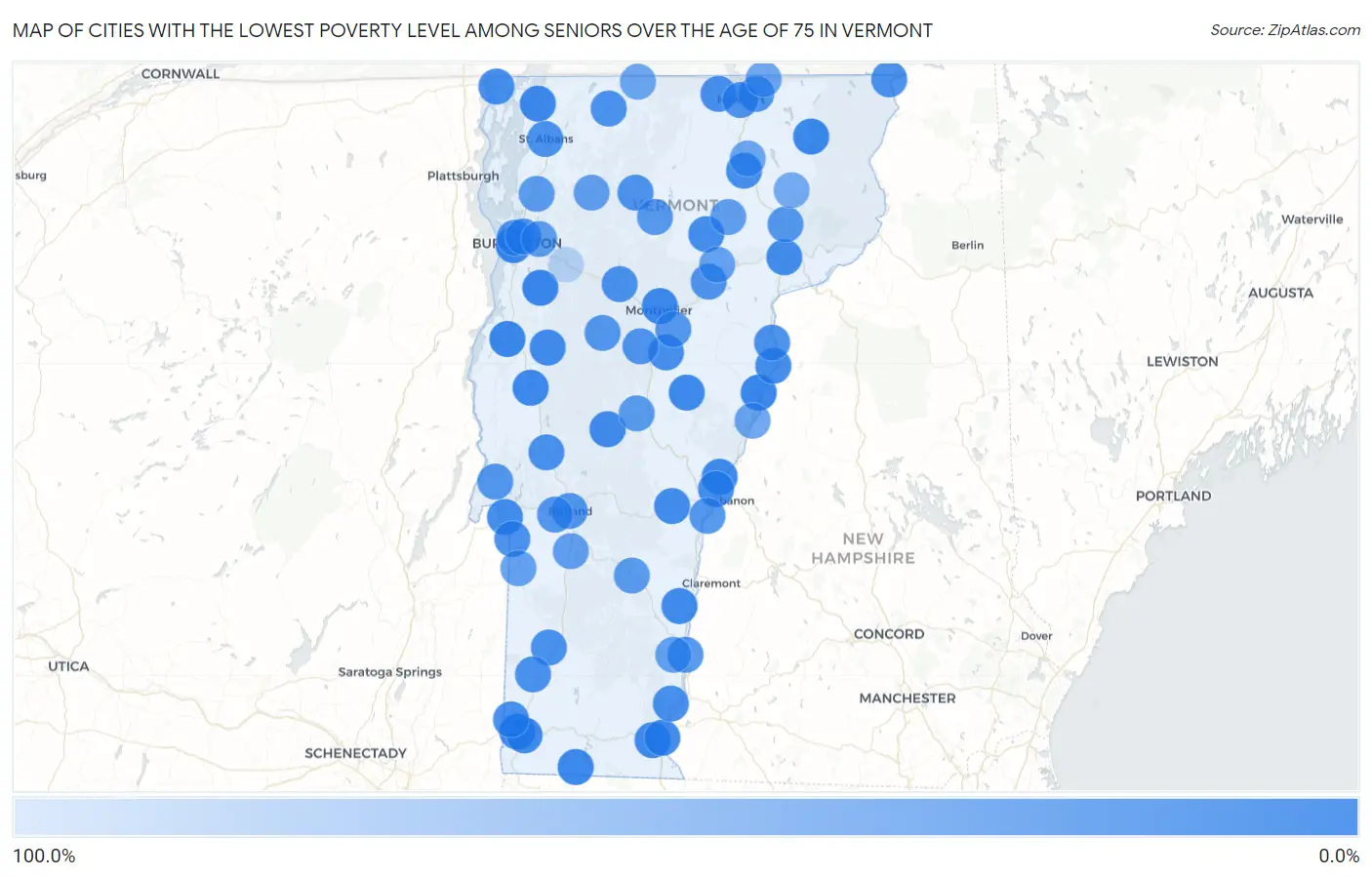 Cities with the Lowest Poverty Level Among Seniors Over the Age of 75 in Vermont Map