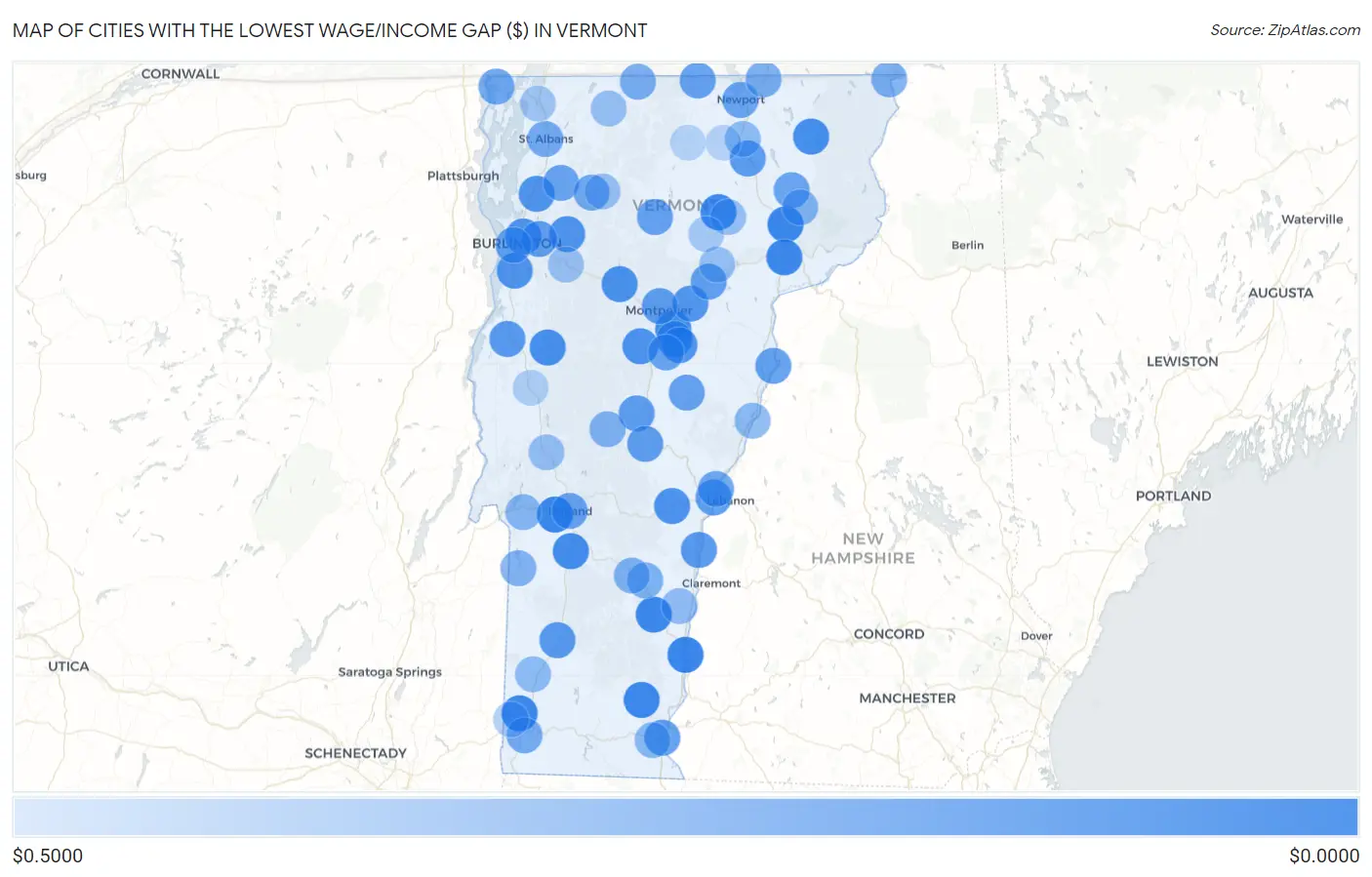 Cities with the Lowest Wage/Income Gap ($) in Vermont Map