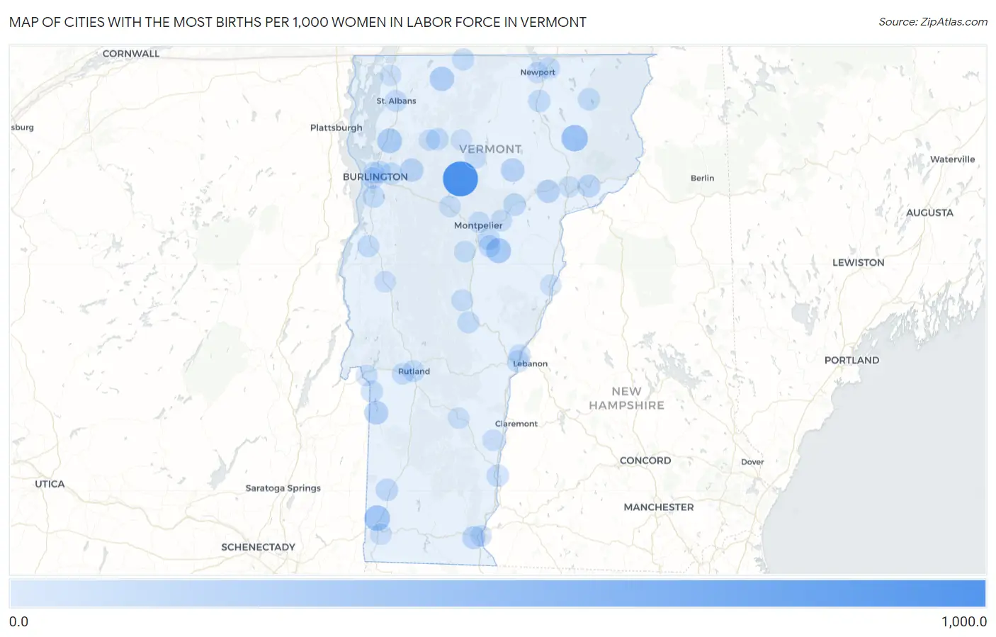 Cities with the Most Births per 1,000 Women in Labor Force in Vermont Map