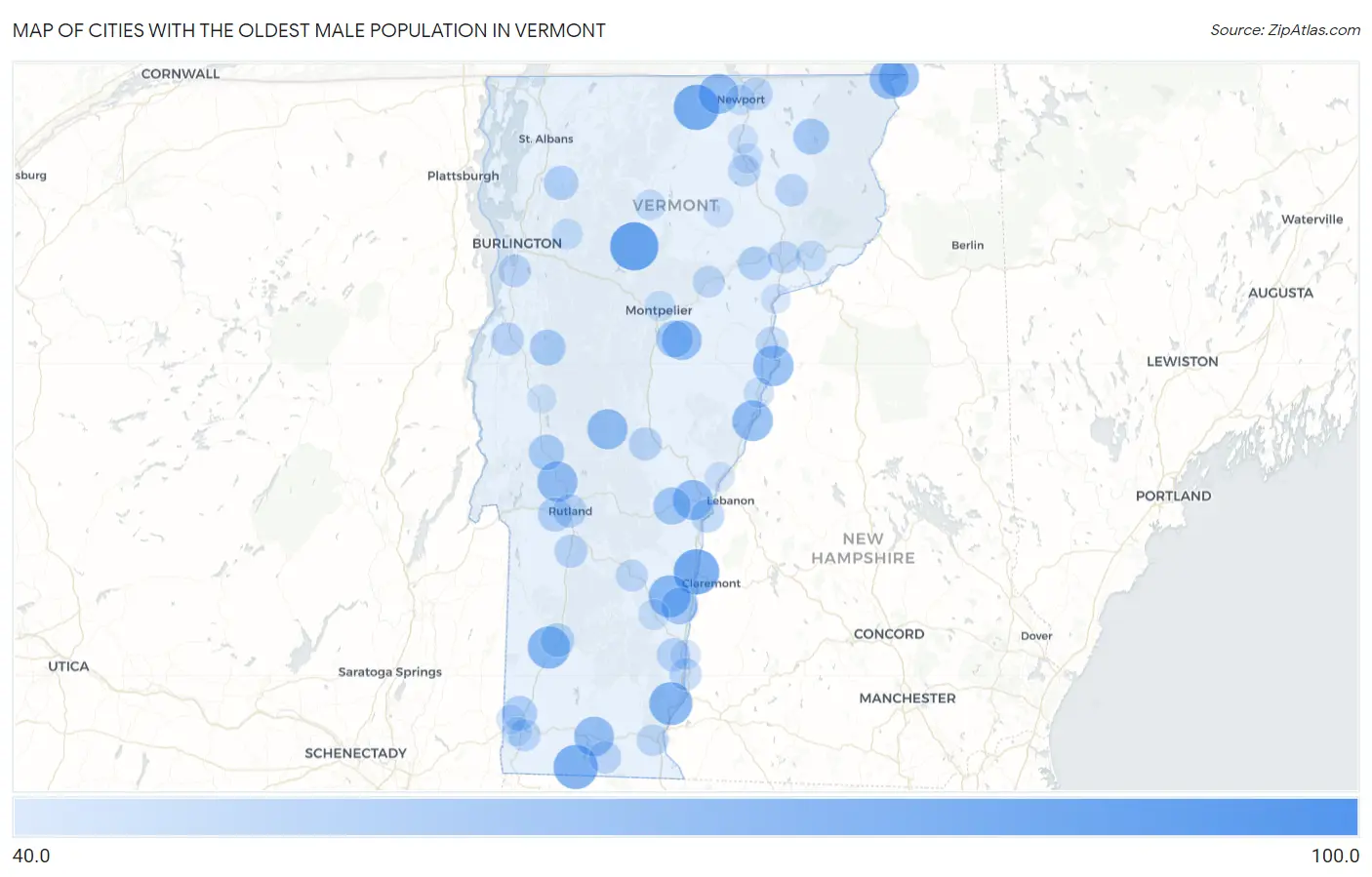 Cities with the Oldest Male Population in Vermont Map