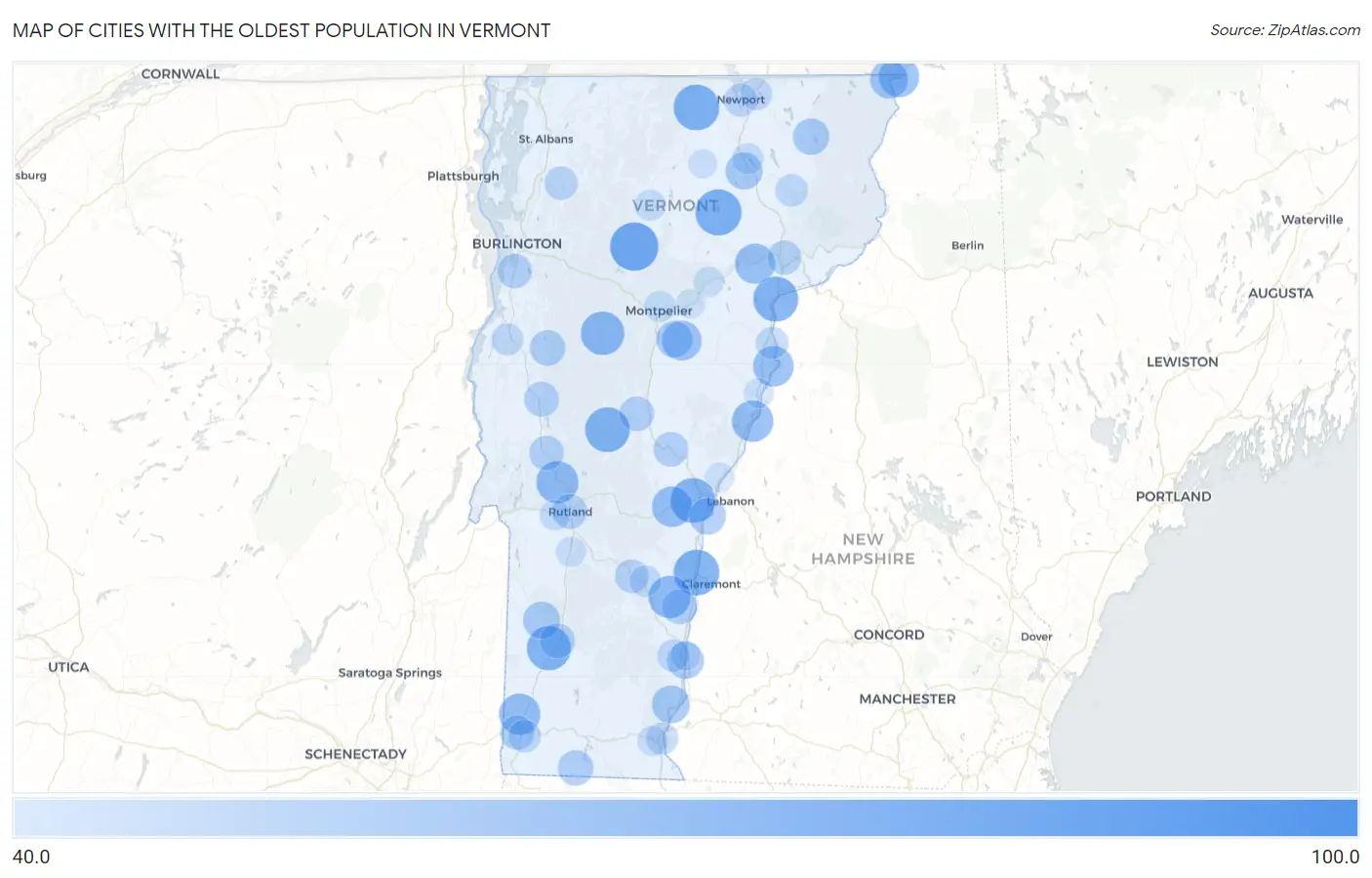 Cities with the Oldest Population in Vermont Map