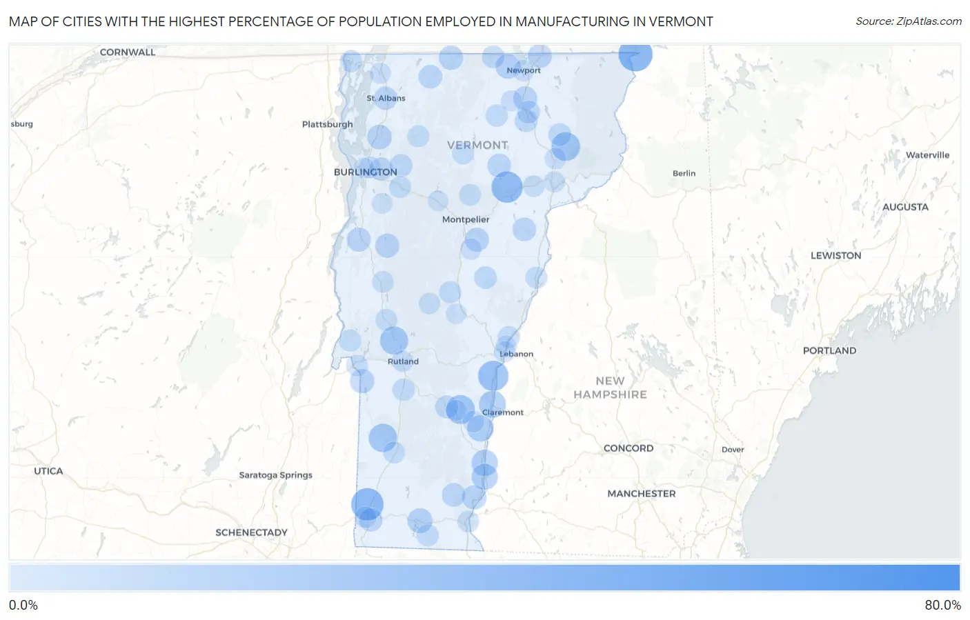 Cities with the Highest Percentage of Population Employed in Manufacturing in Vermont Map