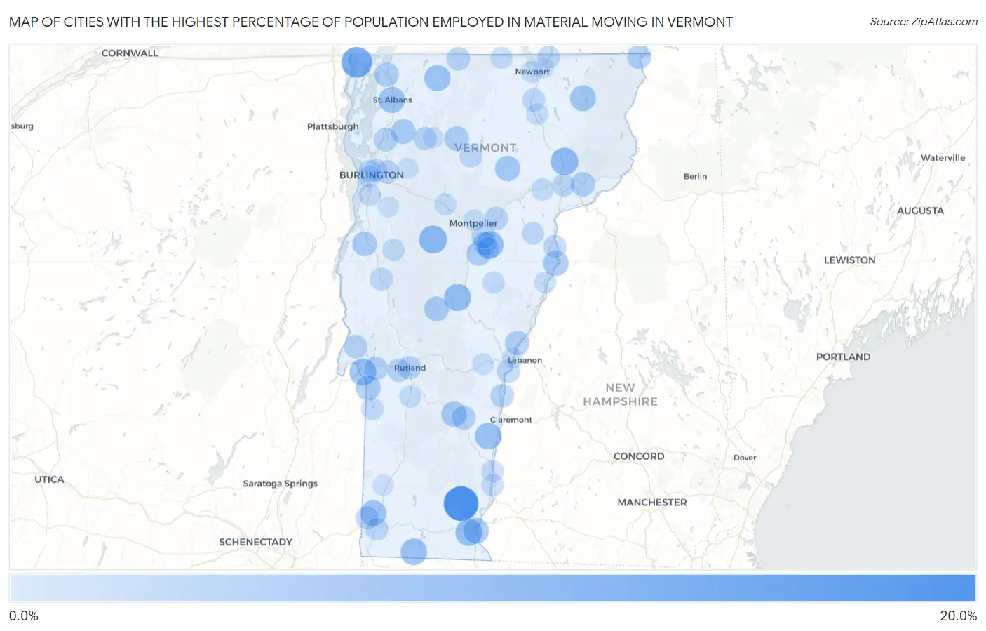 Cities with the Highest Percentage of Population Employed in Material Moving in Vermont Map