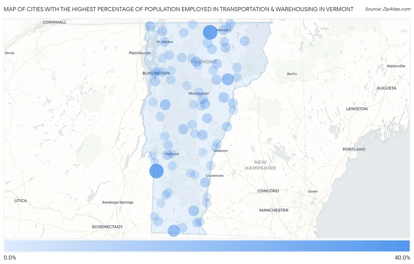 Cities with the Highest Percentage of Population Employed in Transportation & Warehousing in Vermont Map