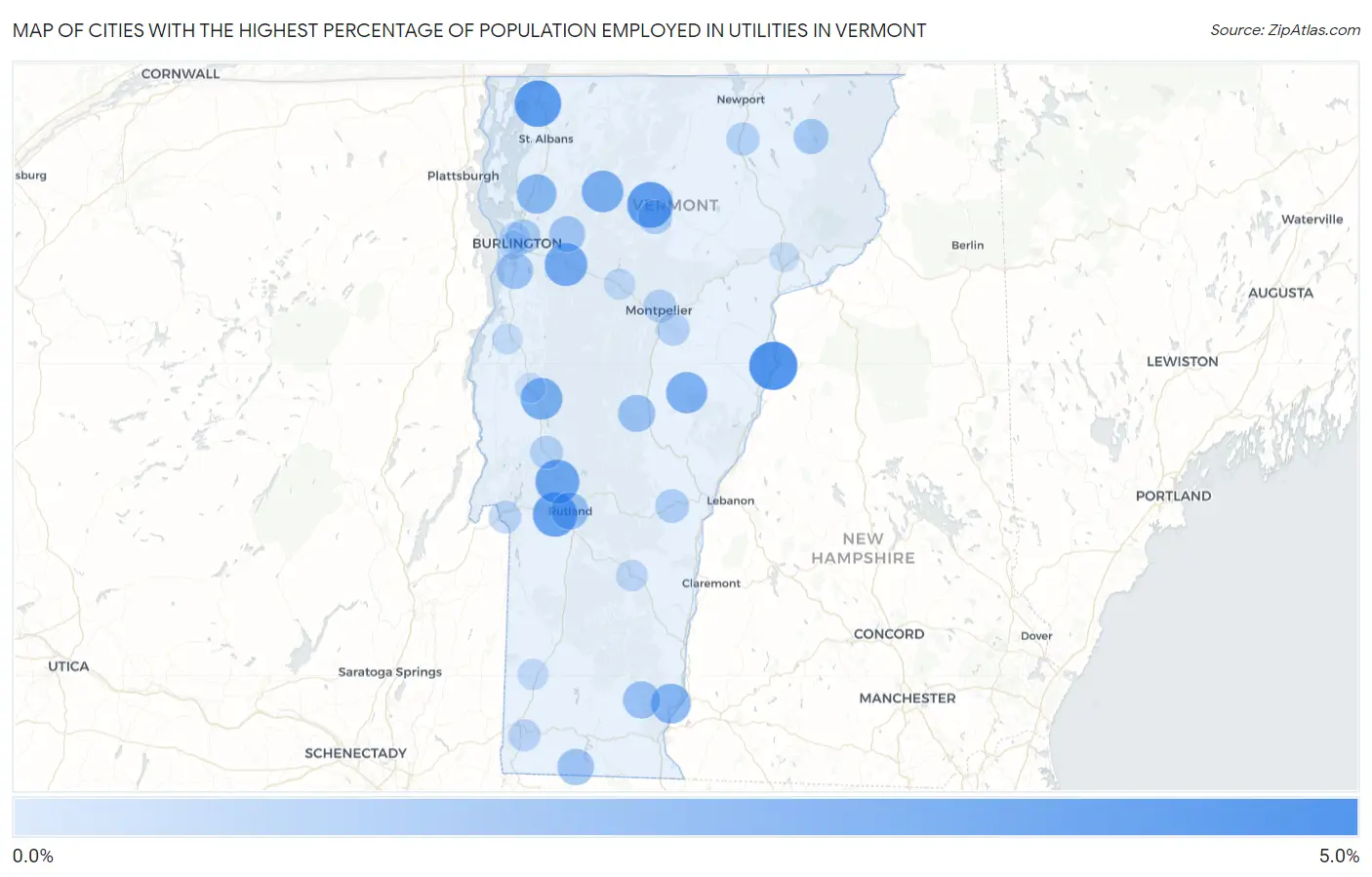 Cities with the Highest Percentage of Population Employed in Utilities in Vermont Map
