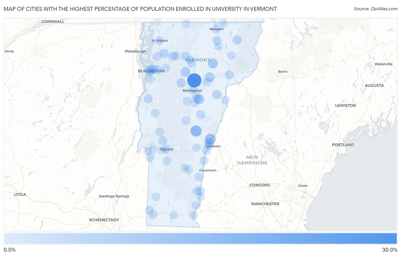Cities with the Highest Percentage of Population Enrolled in University in Vermont Map