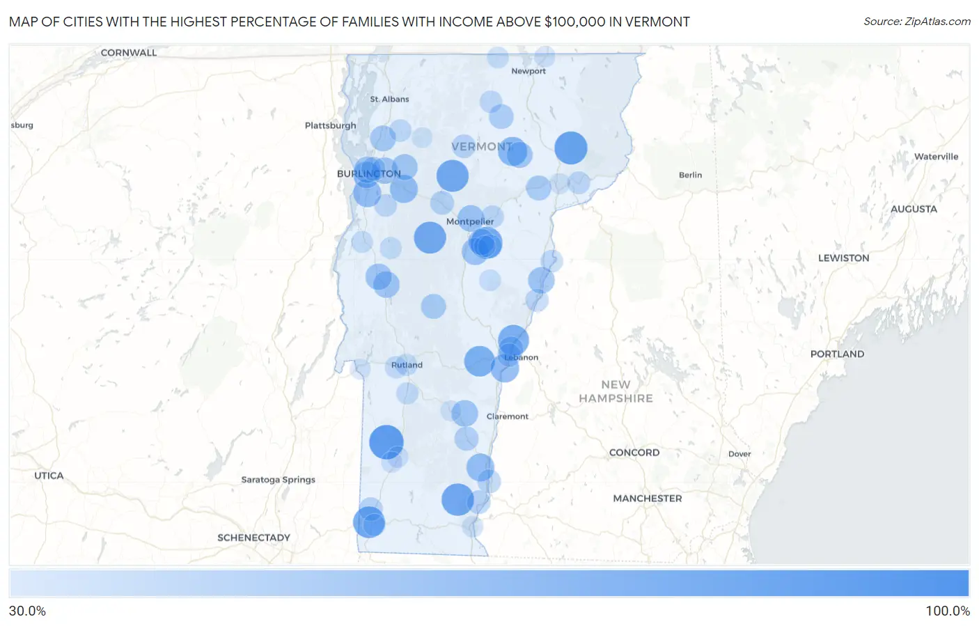 Cities with the Highest Percentage of Families with Income Above $100,000 in Vermont Map