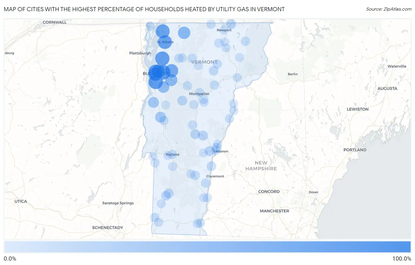 Cities with the Highest Percentage of Households Heated by Utility Gas in Vermont Map