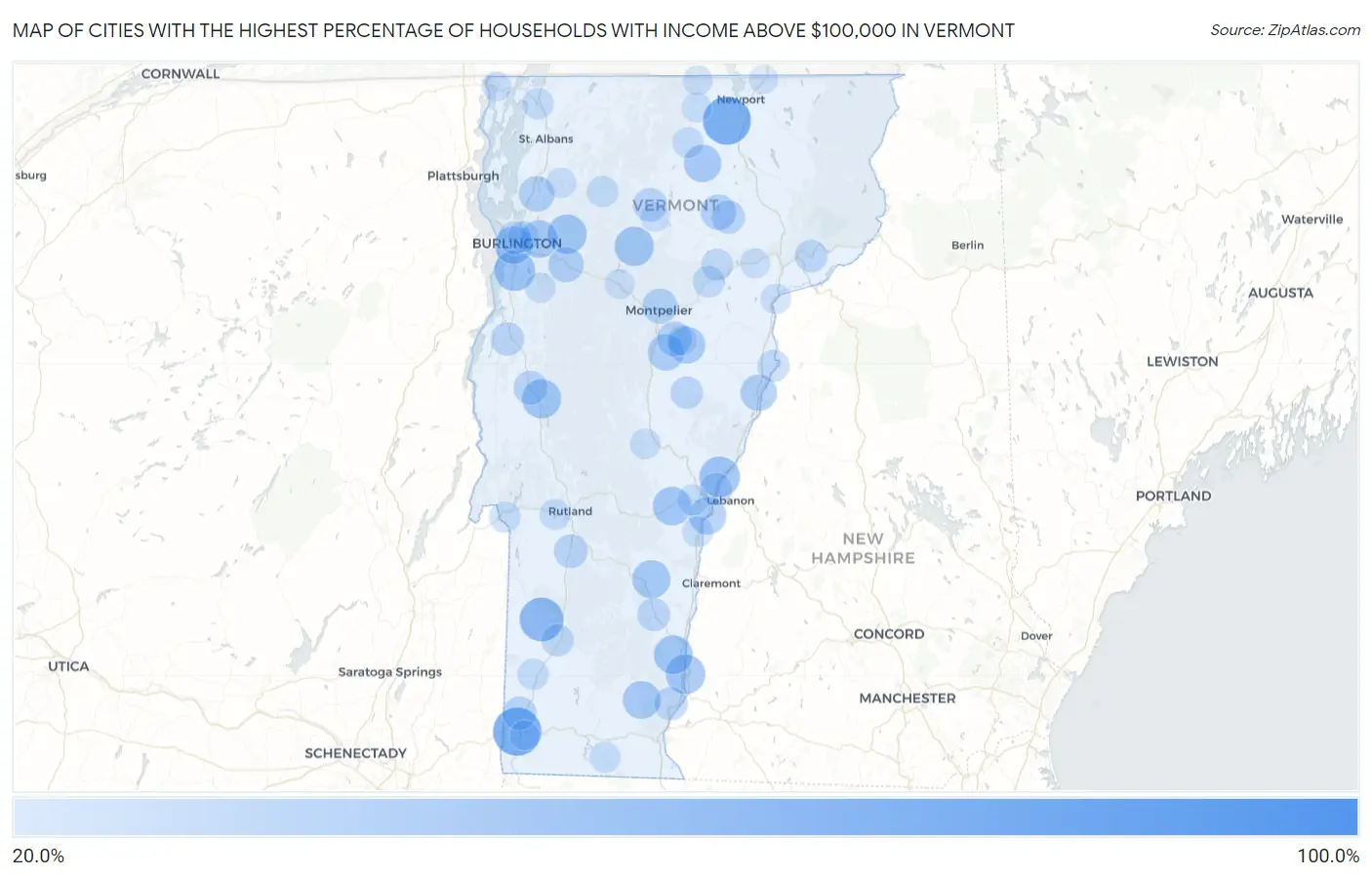 Cities with the Highest Percentage of Households with Income Above $100,000 in Vermont Map