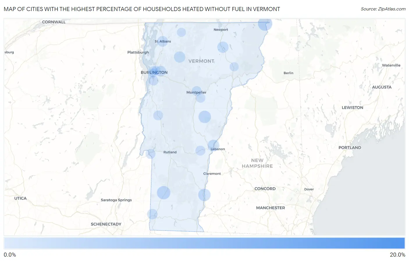 Cities with the Highest Percentage of Households Heated without Fuel in Vermont Map