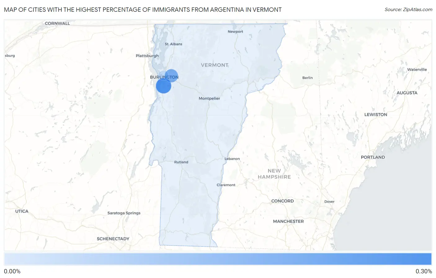 Cities with the Highest Percentage of Immigrants from Argentina in Vermont Map