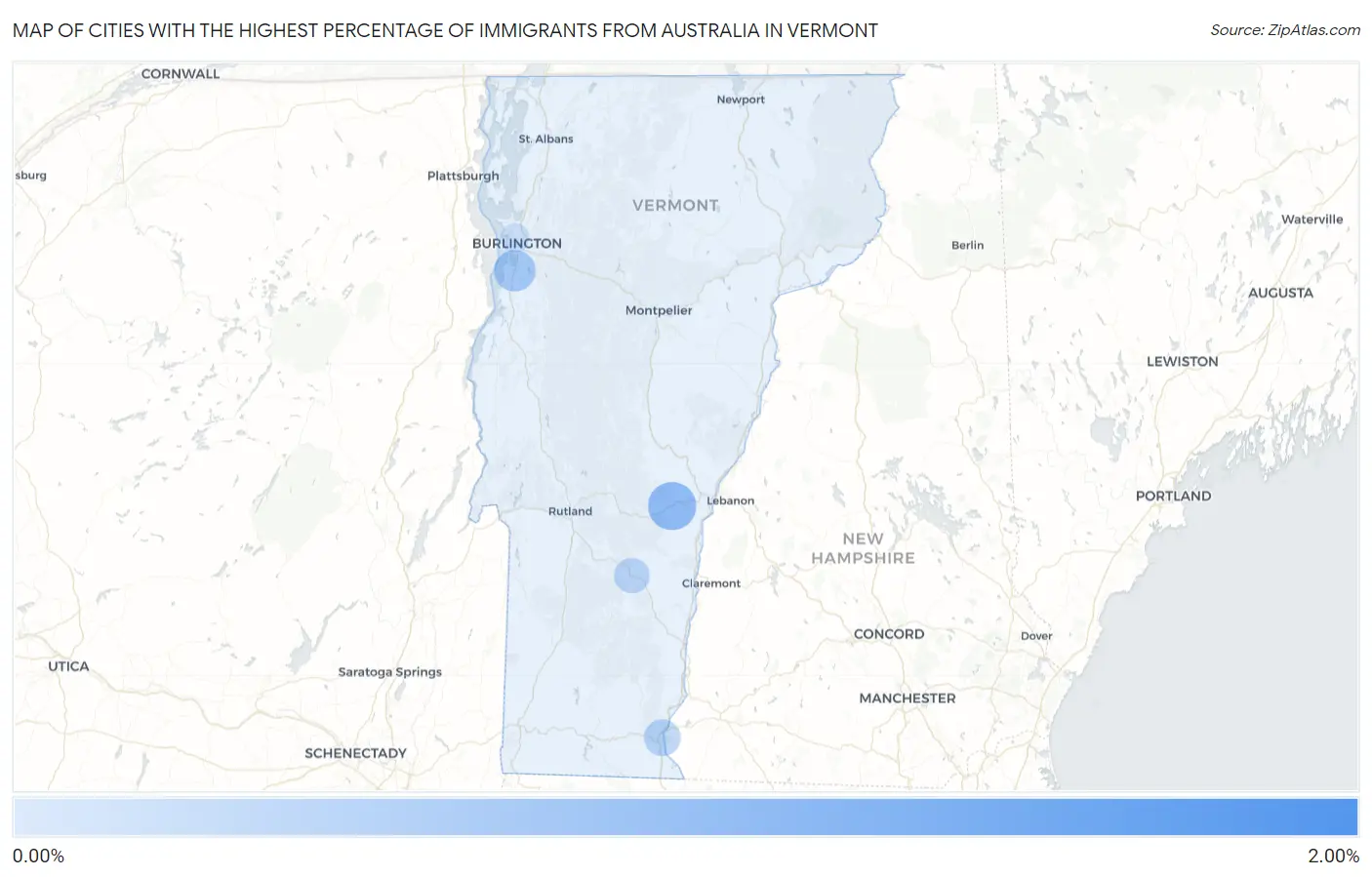 Cities with the Highest Percentage of Immigrants from Australia in Vermont Map