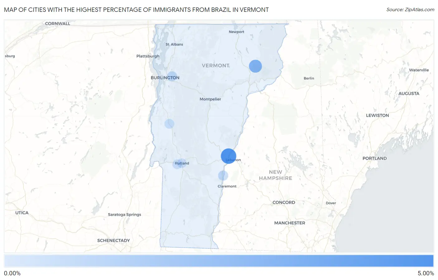 Cities with the Highest Percentage of Immigrants from Brazil in Vermont Map