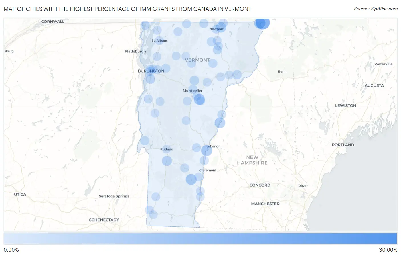 Cities with the Highest Percentage of Immigrants from Canada in Vermont Map