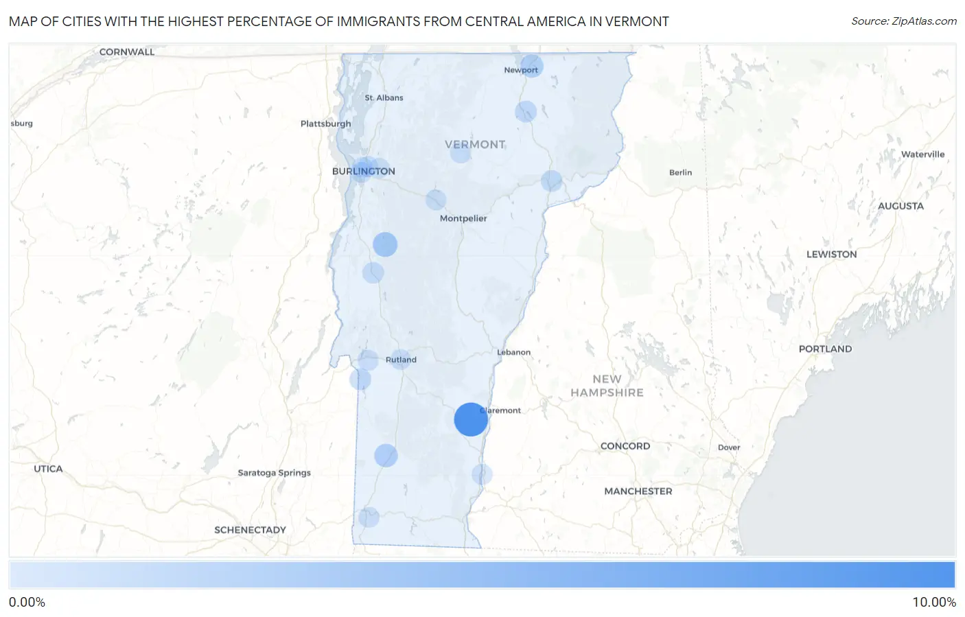 Cities with the Highest Percentage of Immigrants from Central America in Vermont Map
