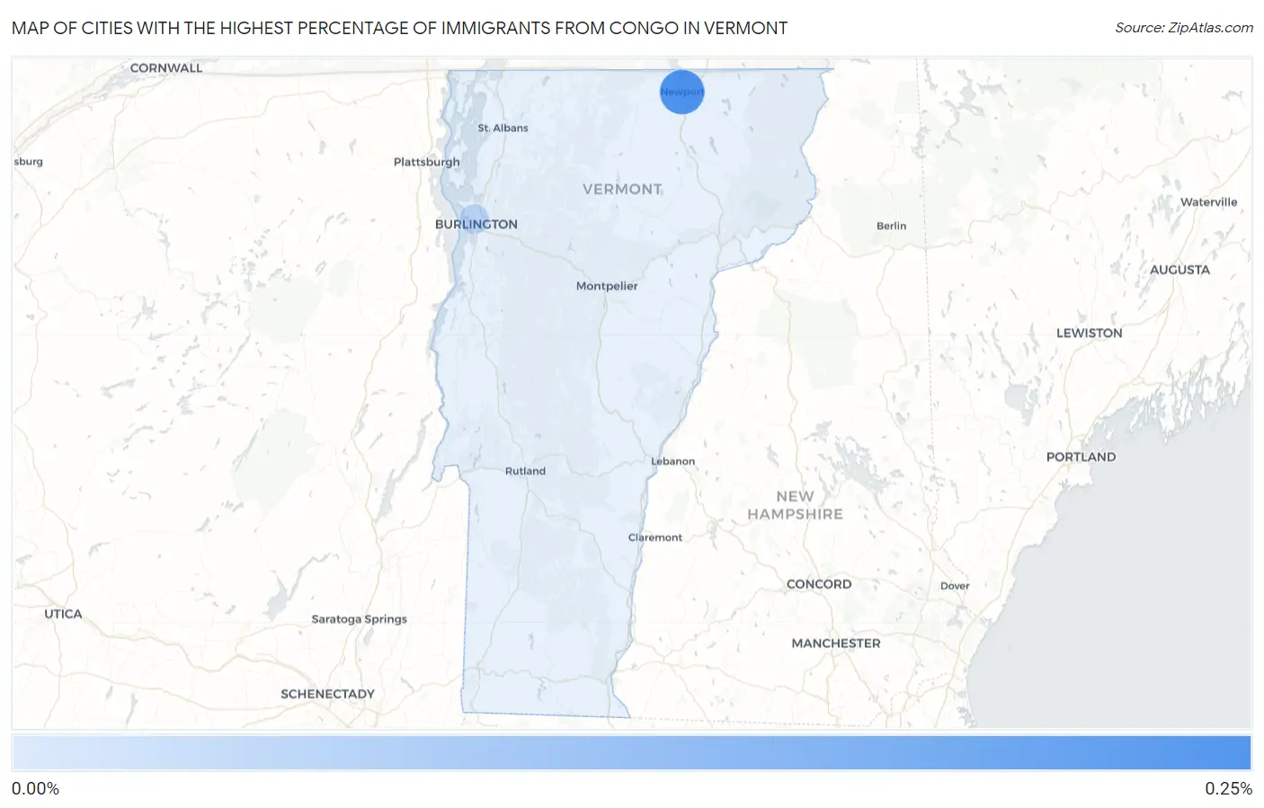 Cities with the Highest Percentage of Immigrants from Congo in Vermont Map