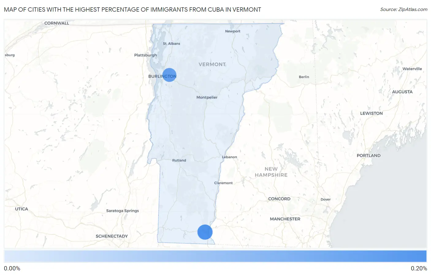Cities with the Highest Percentage of Immigrants from Cuba in Vermont Map