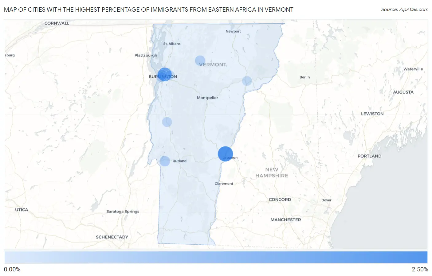 Cities with the Highest Percentage of Immigrants from Eastern Africa in Vermont Map