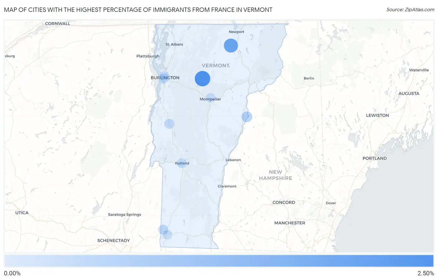 Cities with the Highest Percentage of Immigrants from France in Vermont Map