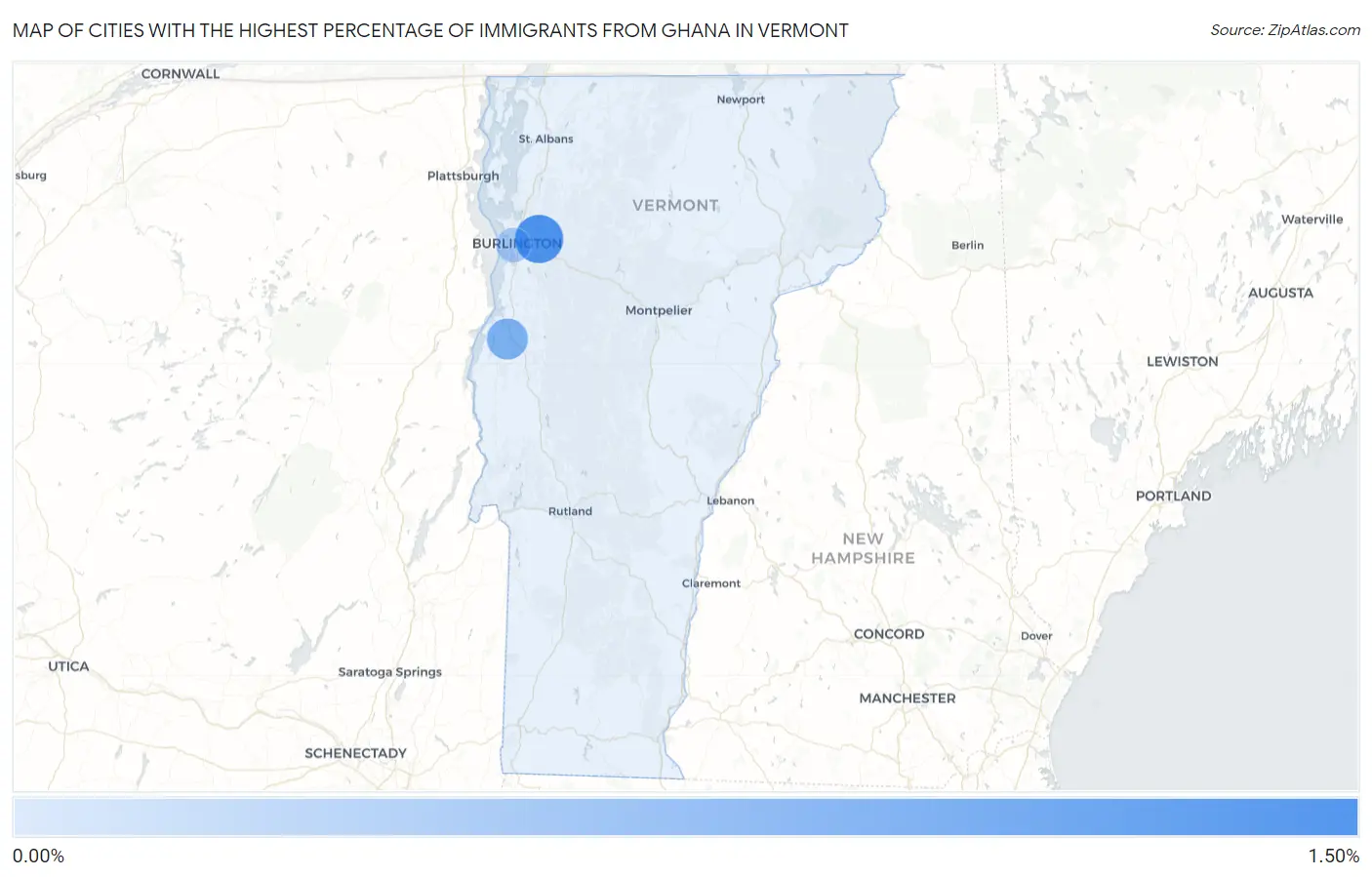 Cities with the Highest Percentage of Immigrants from Ghana in Vermont Map