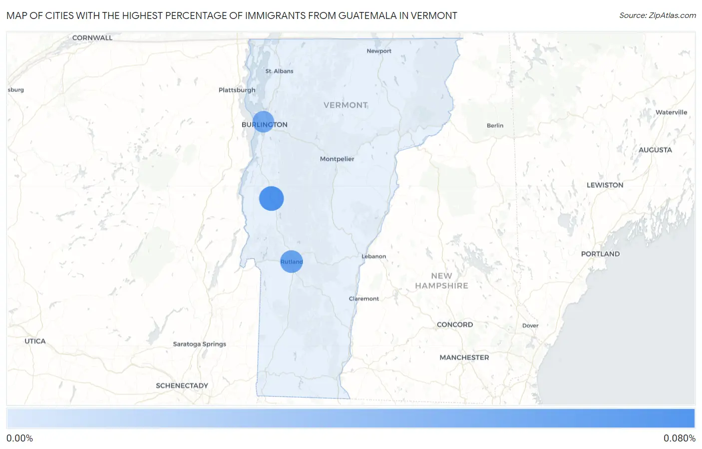 Cities with the Highest Percentage of Immigrants from Guatemala in Vermont Map