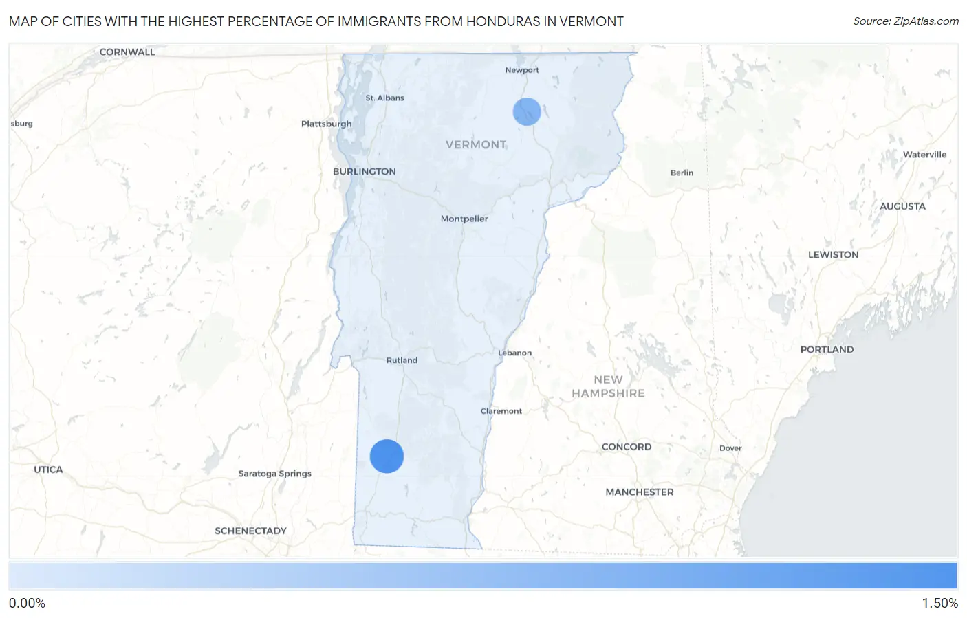 Cities with the Highest Percentage of Immigrants from Honduras in Vermont Map