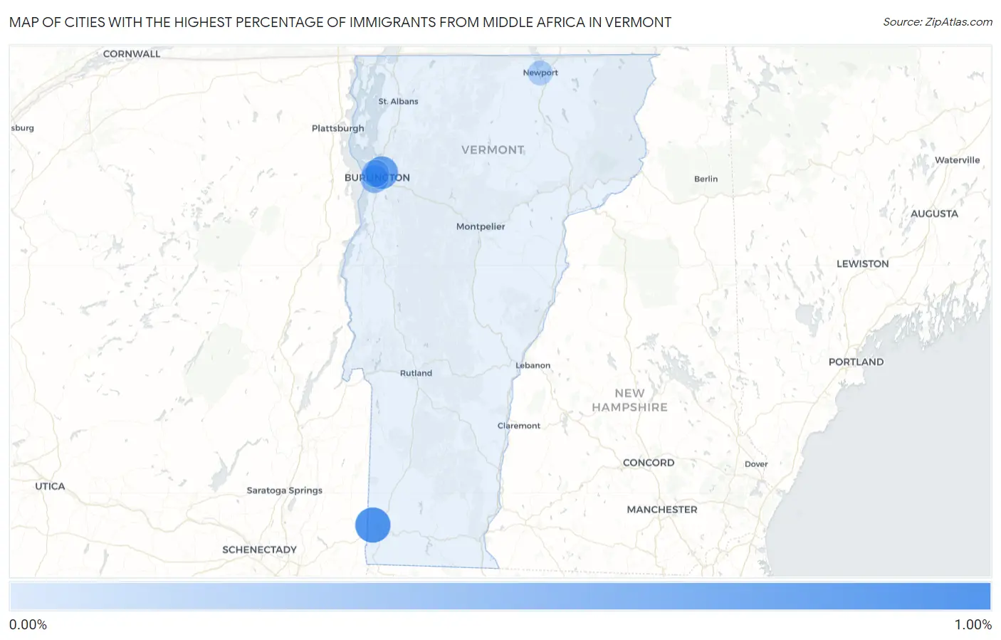 Cities with the Highest Percentage of Immigrants from Middle Africa in Vermont Map